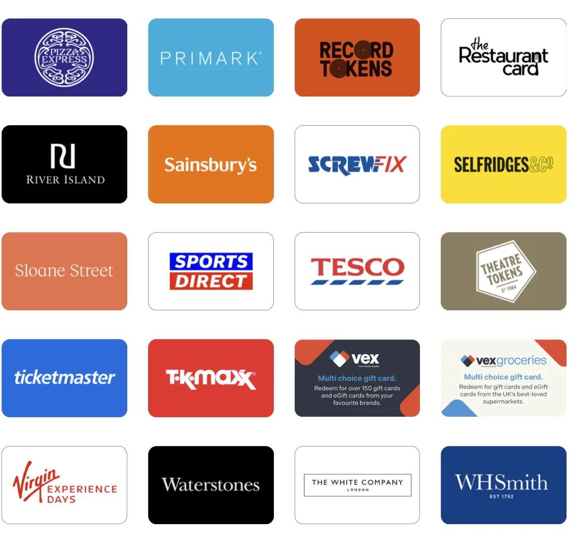 Gift card options including Pizza Express, Primark, Sainsbury's, Tesco, WHSmith, and more